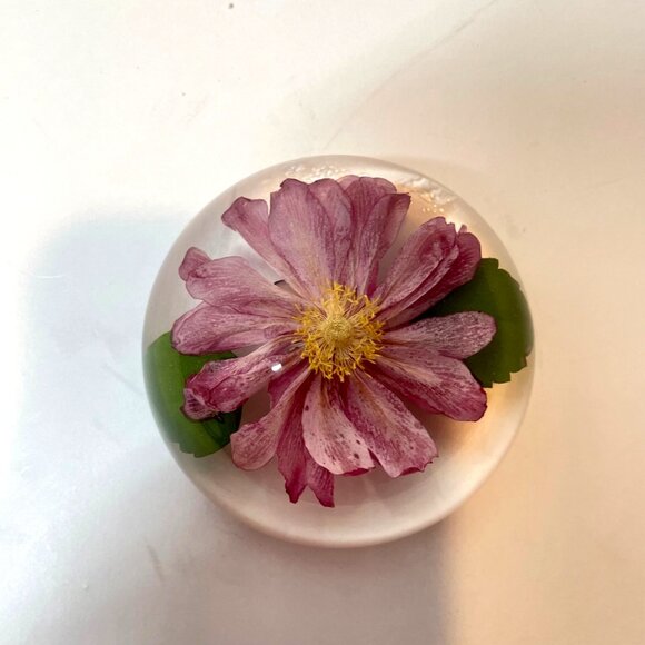 Pressed Pink Flower Paperweight by W. Rolfe Lucite Sphere Encasing Real Flower & - Picture 3 of 9